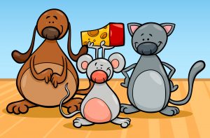 Cartoon Illustration of Cute Dog Cat and Mouse Pets Characters